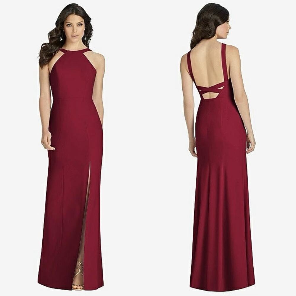 NWT Dessy Collection 10 $265 High Neck Backless Crepe Trumpet Gown Dress 3039